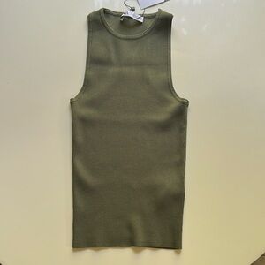 NWT Zara Army Green Olive Sweater High Neck Ribbed Tank Top Sz M